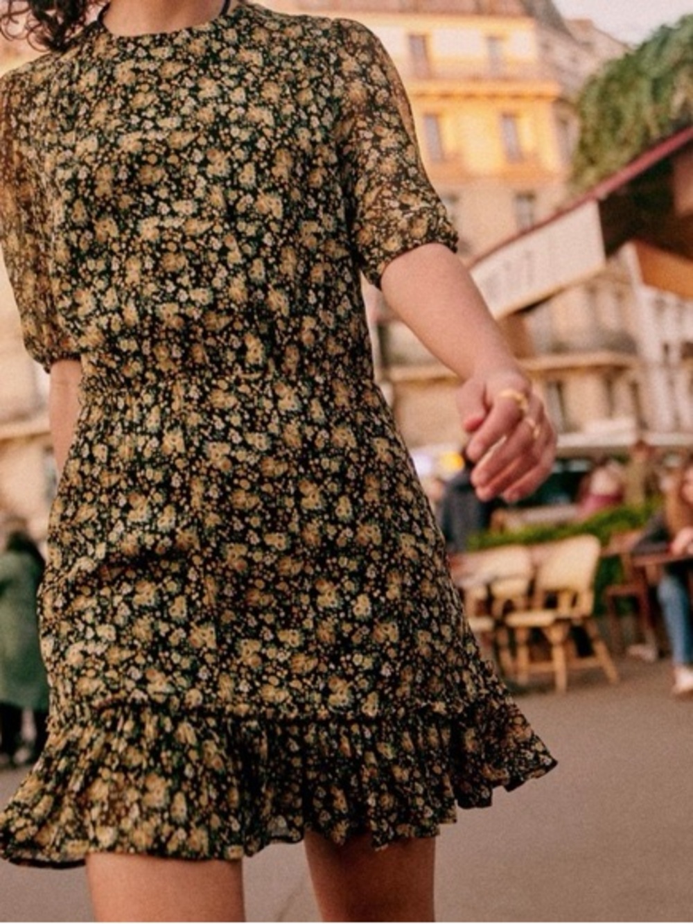Sezane Margot Mini Dress in Black & Yellow Blossom, Size US 8 / FR 40